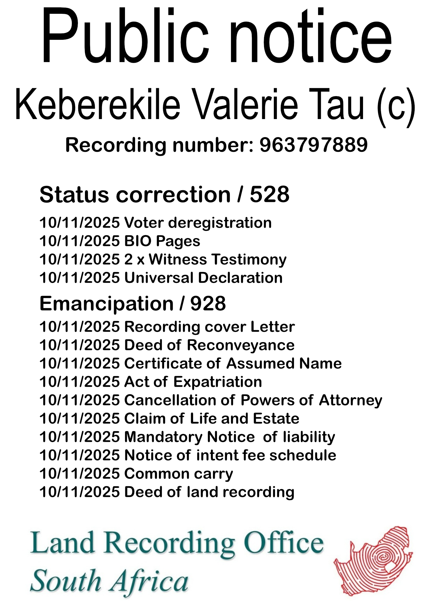 Public notice Keberekile Valerie Tau Recording number 963797889